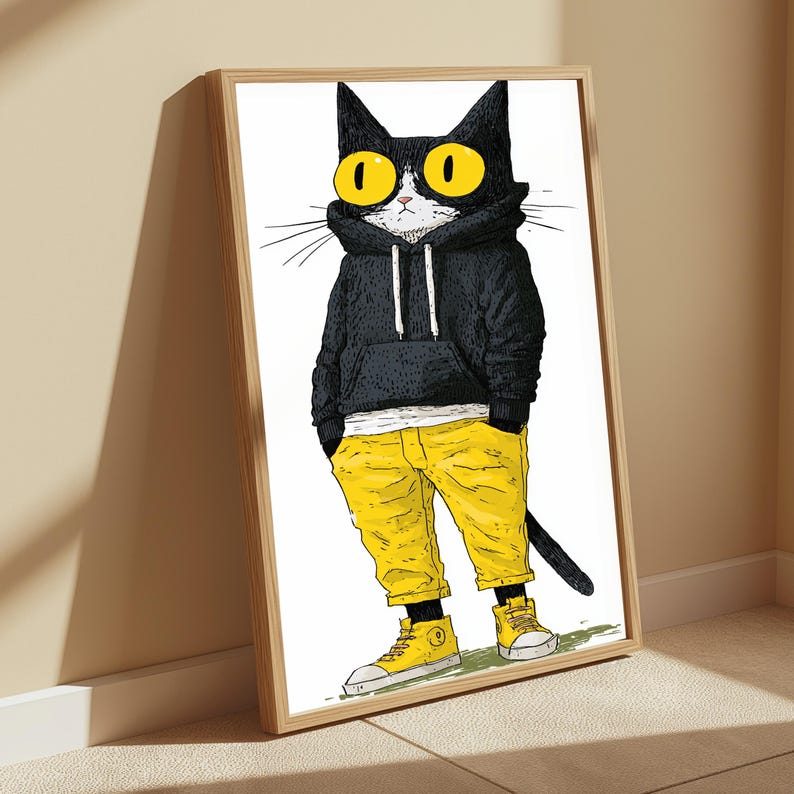 K&ouml;nnte beinhalten: Ein gerahmter Wandkunstdruck, der eine schwarz-wei&szlig;e Katze mit gro&szlig;en gelben Augen zeigt, die einen schwarzen Kapuzenpullover, eine leuchtend gelbe Hose und gelbe High-Top-Sneaker tr&auml;gt. Die Katze steht in einer l&auml;ssigen Pose mit den H&auml;nden in den Taschen.
