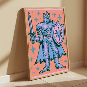Retro Warrior Knight Pop Art Print | Colourful Fantasy Armour Wall Art | Minimalist Home Decor | Digital Download A3 A2 A1 image 3