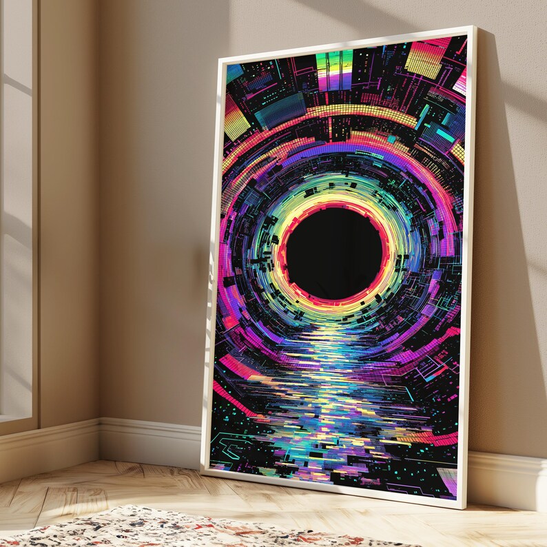 May include: A framed vertical wall art print featuring a circular tunnel design with a black center. The artwork displays vibrant neon colors including magenta, cyan, yellow, and purple in a digital grid pattern that creates a sense of depth.