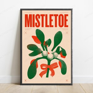 Mistletoe Plant Red Bow Retro Art Print | Minimalist Christmas Wall Art | Holiday Home Decor image 1
