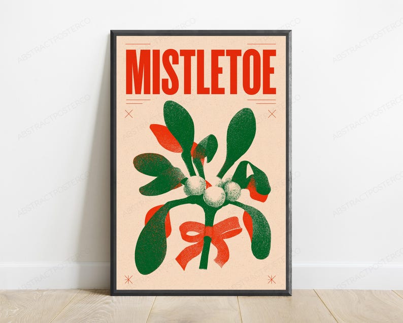 Mistletoe Plant Red Bow Retro Art Print | Minimalist Christmas Wall Art | Holiday Home Decor image 1