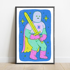 Cosmic Warrior with Yellow Sword Pop Art Print | Neon Character Wall Art | Vibrant Home Decor | Digital Download A3 A2 A1 image 7