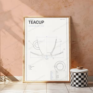 Technischer Entwurf einer Teetasse | Vintage-Konstruktionsdesign | Minimalistische Küchenwandkunst Bild 5