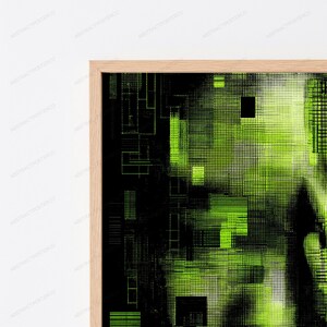 Op de afbeelding: Een ingelijst wandkunstwerk met een digitaal abstract ontwerp in een contrastrijk zwart en limoengroen kleurenpalet. De compositie bestaat uit een dicht raster van kleine stippen en rechthoekige blokken, wat een glitch-achtige textuur cre&euml;ert.