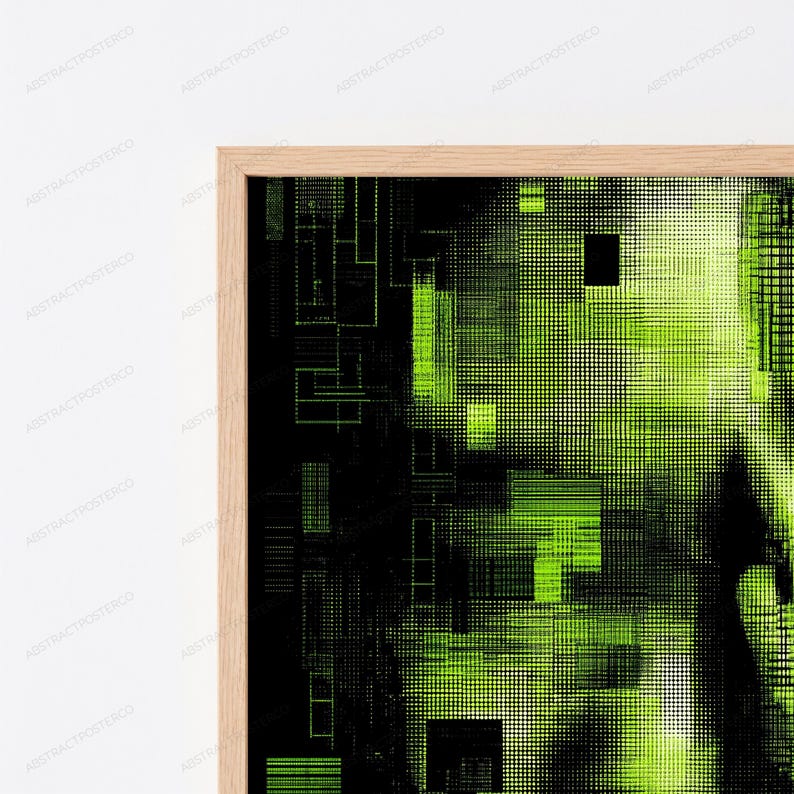 Op de afbeelding: Een ingelijst wandkunstwerk met een digitaal abstract ontwerp in een contrastrijk zwart en limoengroen kleurenpalet. De compositie bestaat uit een dicht raster van kleine stippen en rechthoekige blokken, wat een glitch-achtige textuur cre&euml;ert.