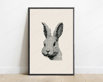 Minimalist Halftone Rabbit Portrait Print | Black Dotted Animal Wall Art | Modern Home Decor