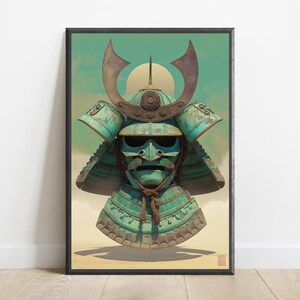 Samurai Kabuto Teal Helmet | Bronze Patina Warrior Art | Minimalist Wall Decor | Digital Download A3 A2 A1 image 7