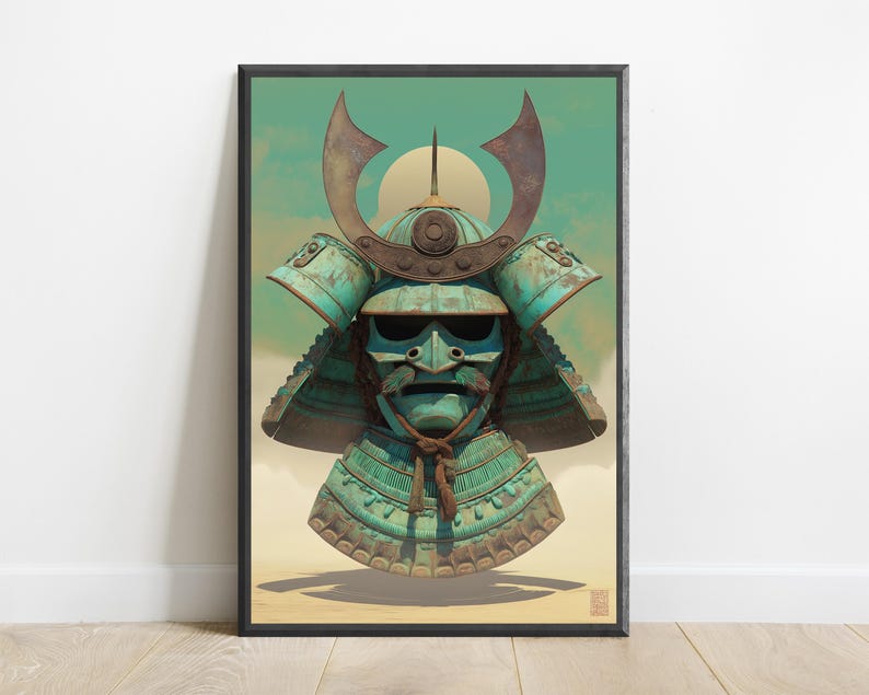 Samurai Kabuto Teal Helmet | Bronze Patina Warrior Art | Minimalist Wall Decor | Digital Download A3 A2 A1 image 7