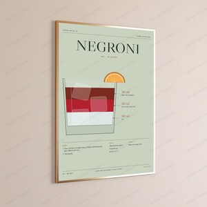 Negroni Cocktail Recipe Print in Sage | Minimalist Drink Art | Bar Kitchen Wall Decor image 3