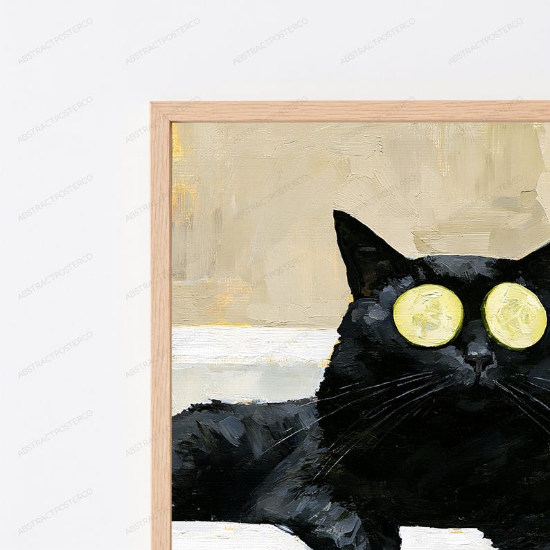 May include: A framed oil painting on canvas featuring a black cat with two pale yellow cucumber slices placed over its eyes. The cat is set against a textured, neutral-toned background with visible brushstrokes, enclosed in a light wood frame.