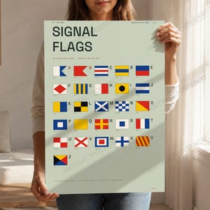 International Signal Flags A-Z Chart in Sage, held up in a room