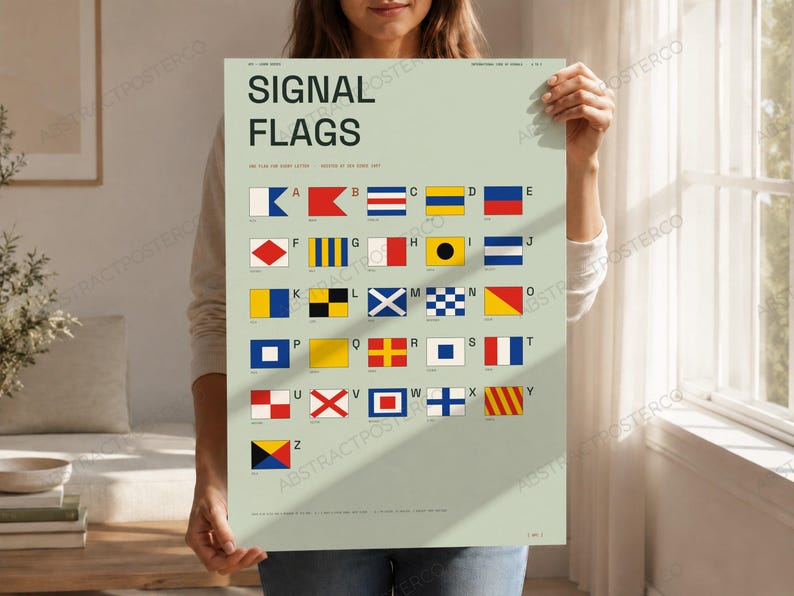 International Signal Flags A-Z Chart in Sage, held up in a room