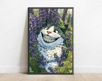 Grinning Cat in Lavender Garden Pop Art Print | Whimsical Animal Wall Art | Quirky Home Decor | Digital Download A3 A2 A1