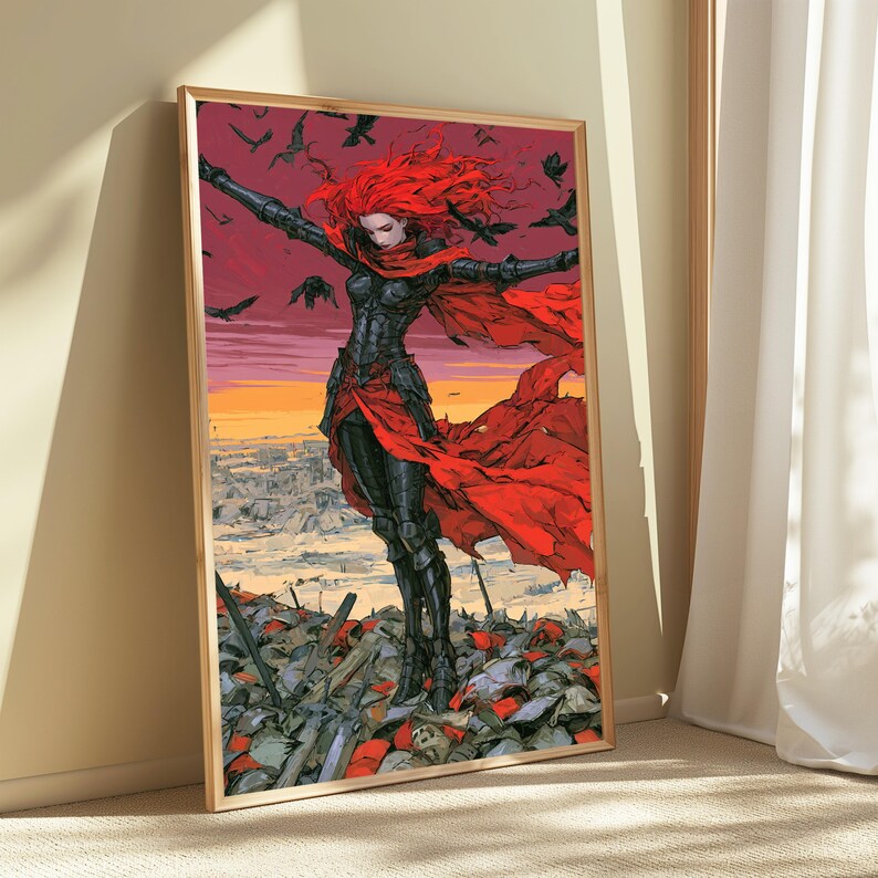 May include: A framed wall art print depicting a figure with long red hair wearing black armour and a flowing red cape. The figure stands amidst a field of debris under a sunset sky filled with black birds, rendered in a vibrant illustrative style.