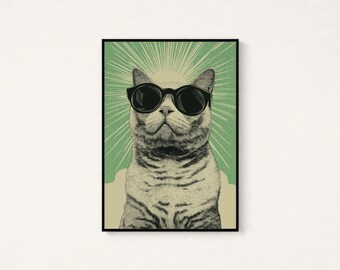 Cool Lucky Cat Sunglasses Print | Retro Pop Art Wall Decor | Minimalist Animal Illustration