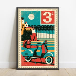 May include: A framed poster designed like a postage stamp featuring a teal and red scooter in the foreground. The background displays a coastal scene with palm trees, buildings on a cliff, and a full moon. The number 3 is printed in a red box.