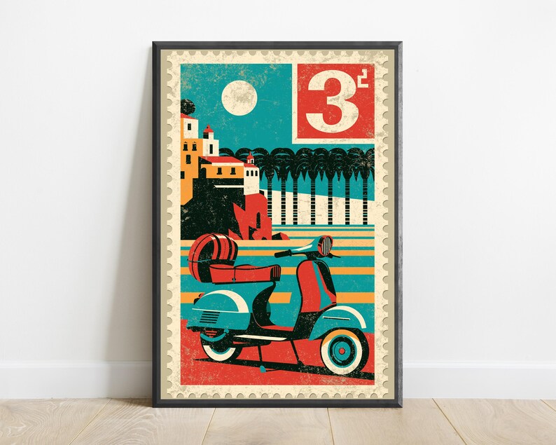 May include: A framed poster designed like a postage stamp featuring a teal and red scooter in the foreground. The background displays a coastal scene with palm trees, buildings on a cliff, and a full moon. The number 3 is printed in a red box.