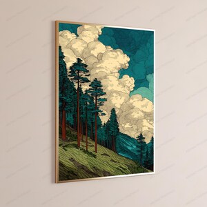 May include: A framed wall art print featuring a landscape with tall, slender pine trees on a grassy hillside. The scene includes large, voluminous cream-colored clouds set against a deep teal sky, rendered with detailed line work and shading.