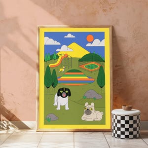 May include: A framed art print featuring a colorful park scene with a yellow slide, a fenced area, and a striped hill. Two dogs are in the foreground: a black and white dog with a yellow stripe on its head and a tan pug-like dog lying on the grass.