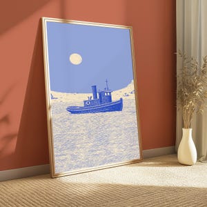 Vintage Fishing Boat Coastal Line Art | Blue Yellow Minimalist Print | Nautical Wall Decor | Digital Download A3 A2 A1 image 3
