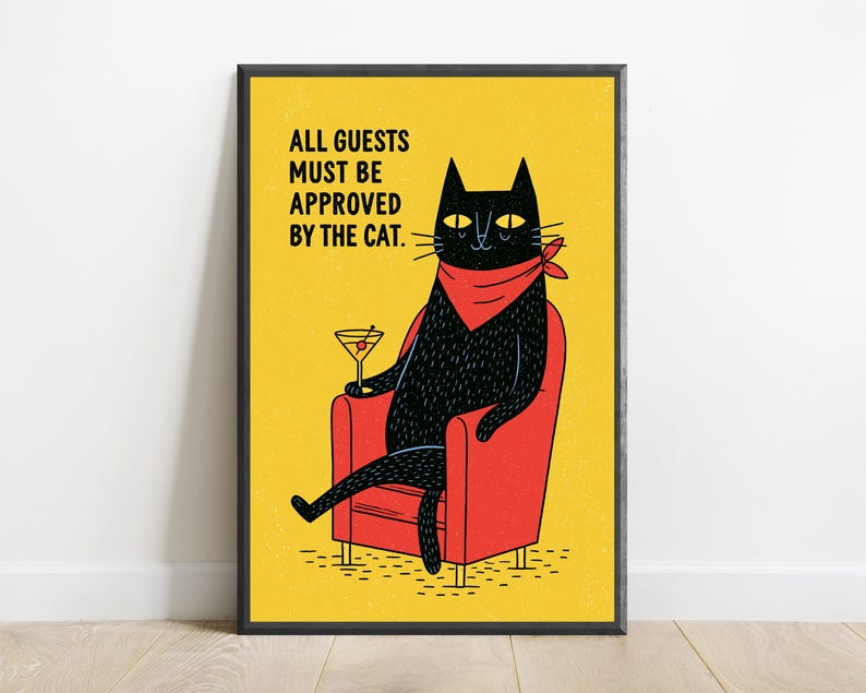 Cheeky Black Cat Martini Minimalist Print | Funny Cocktail Wall Art | Yellow Pop Art Decor | Digital Download A3 A2 A1 image 7