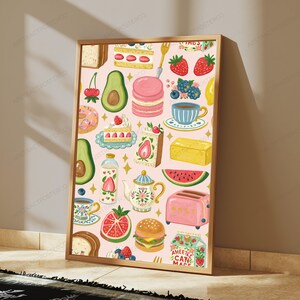 Pastel Food Pattern Art Print | Whimsical Kitchen Wall Decor | Macarons Avocado Cake Sweets Illustration bild 4