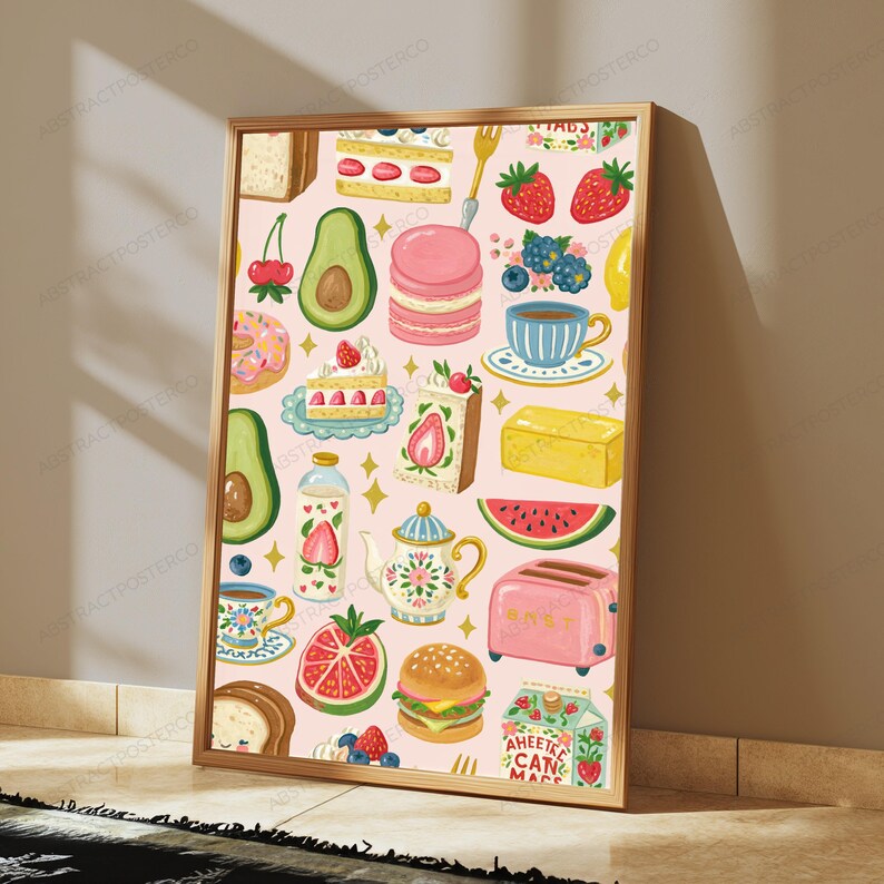 Pastel Food Pattern Art Print | Whimsical Kitchen Wall Decor | Macarons Avocado Cake Sweets Illustration bild 4