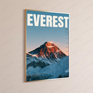 Op de afbeelding: Een ingelijste wandposter met een grafische illustratie van de Mount Everest. Het woord EVEREST staat bovenaan in grote witte hoofdletters gedrukt. De afbeelding toont een besneeuwde bergtop met oranje zonlicht tegen een blauwe lucht.