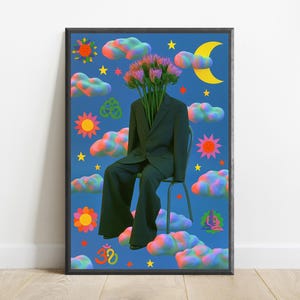 May include: A framed digital art print featuring a figure in a dark suit sitting on a chair with a bouquet of pink flowers for a head. The blue background is filled with colorful gradient clouds, yellow stars, orange suns, a yellow crescent moon, and symbols.
