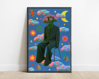 Flower Head Surreal Portrait | Dreamy Minimalist Wall Art | Whimsical Pop Art Print | Digital Download A3 A2 A1