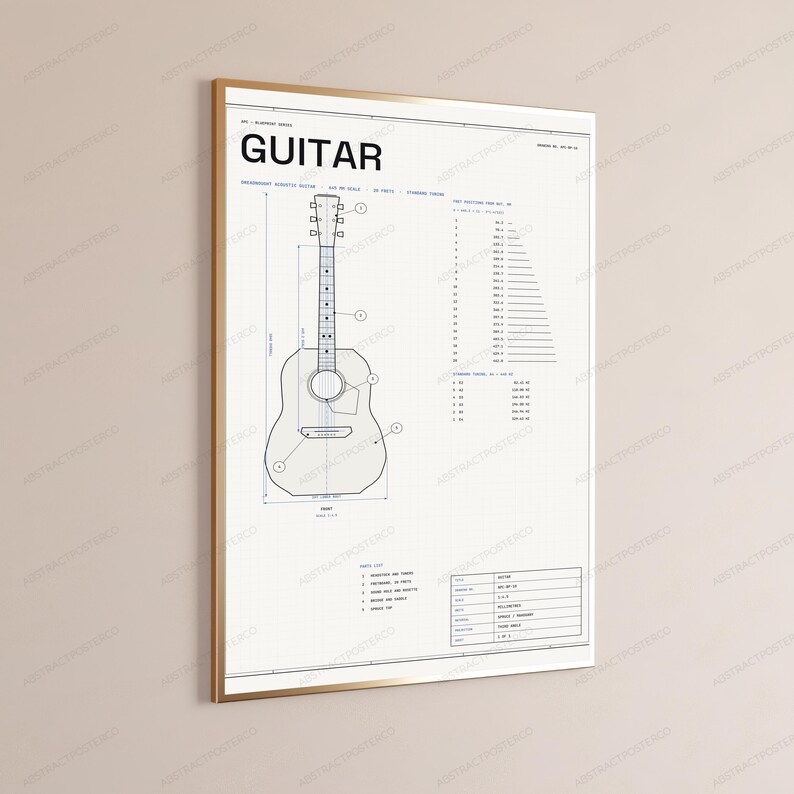 Dreadnought Acoustic Guitar Technical Blueprint | Vintage Music Engineering Art | Wall Decor image 3