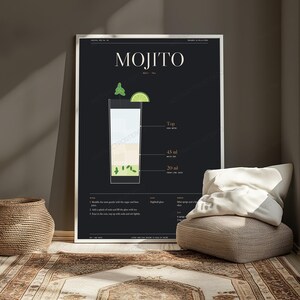 Mojito cocktail recept print | Minimalistische bar kunst | Eten & drinken wanddecoratie afbeelding 5
