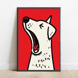 Popkonsttryck med skällande vit hund, röd bakgrund | Djärv grafisk djurväggkonst | Modern heminredning bild 1