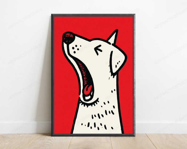 Popkonsttryck med skällande vit hund, röd bakgrund | Djärv grafisk djurväggkonst | Modern heminredning bild 1