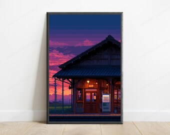 16-Bit Japanese Train Station Print | Retro Gaming Pixel Art Poster (Digital Download)