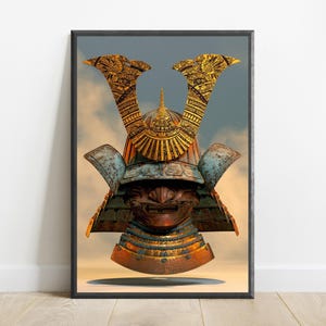May include: A framed wall art print featuring a detailed samurai helmet with a metallic copper finish, a weathered blue-green patina on the side guards, and a prominent gold-colored crest with intricate engravings against a cloudy sky background.