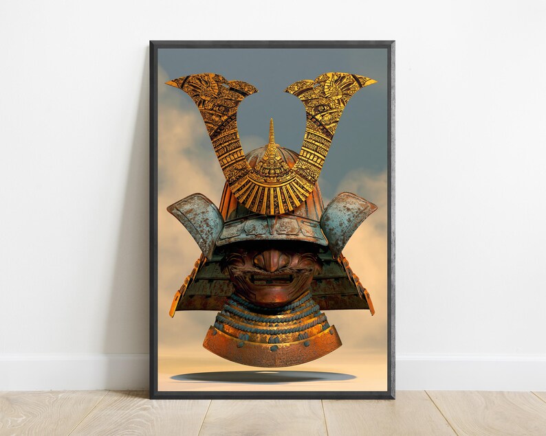 May include: A framed wall art print featuring a detailed samurai helmet with a metallic copper finish, a weathered blue-green patina on the side guards, and a prominent gold-colored crest with intricate engravings against a cloudy sky background.
