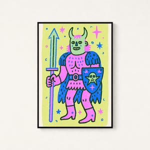 Colorful Demon Warrior Pop Art Print | Quirky Horned Character | Vibrant Wall Art | Digital Download A3 A2 A1 image 1