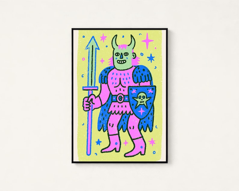 Colorful Demon Warrior Pop Art Print | Quirky Horned Character | Vibrant Wall Art | Digital Download A3 A2 A1 image 1
