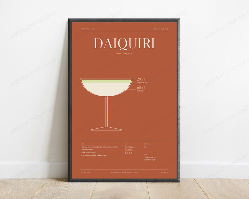 Daiquiri Cocktail Recipe Print | Minimalist Bar Art | Terracotta Kitchen Wall Decor image 1