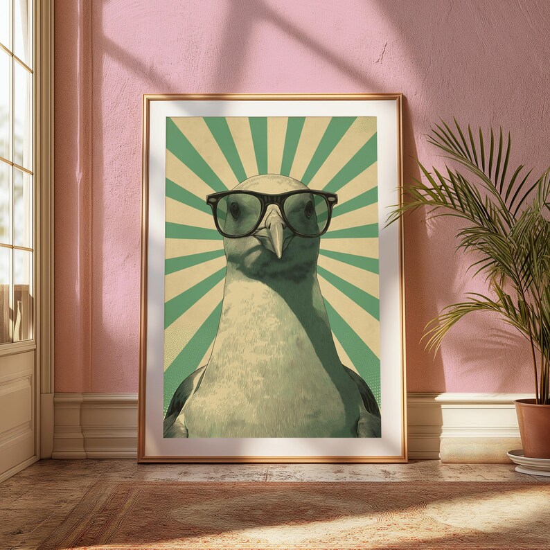 Okulary przeciwsłoneczne Cool Eagle – wydruk w stylu pop-art | Grafika ścienna w stylu retro z ptakami | Minimalistyczny wystrój domu | Pobieranie cyfrowe A3 A2 A1 zdjęcie 5