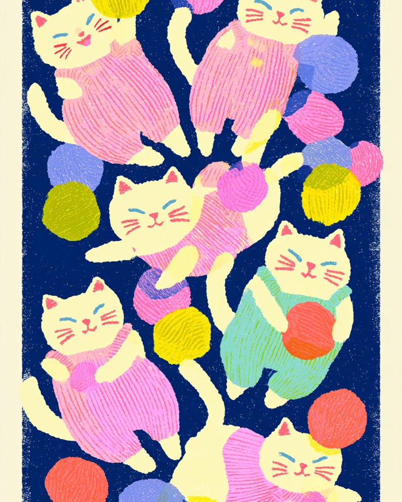 May include: A vertical illustration on a dark blue background featuring multiple cream-colored cats wearing pink or light green overalls. The cats are depicted playing with various colorful yarn balls in shades of yellow, pink, purple, and orange.
