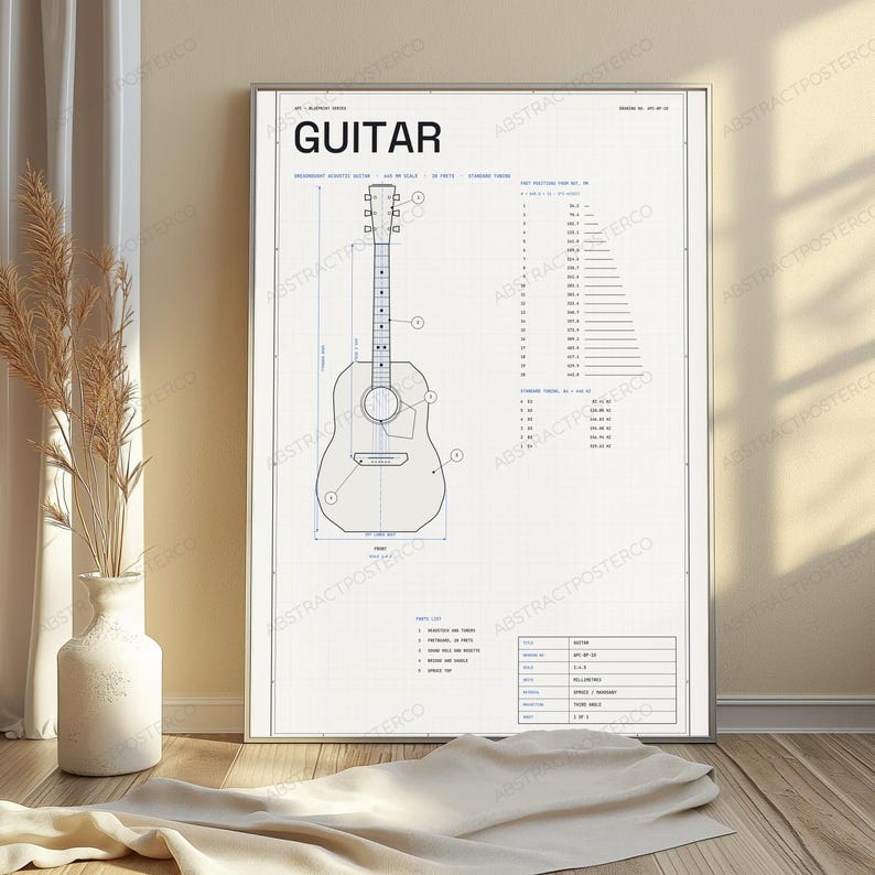 Dreadnought Acoustic Guitar Technical Blueprint | Vintage Music Engineering Art | Wall Decor image 5