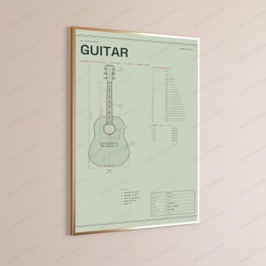 Plano técnico de guitarra acústica Dreadnought / Arte mural de instrumentos musicales / Decoración para el hogar de músicos imagen 3