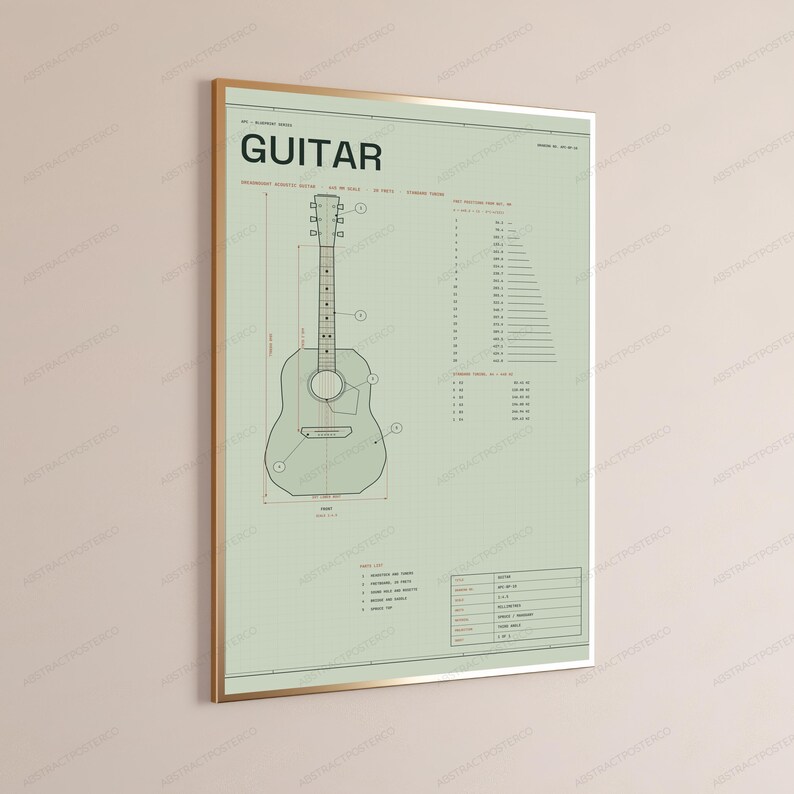 Plano técnico de guitarra acústica Dreadnought / Arte mural de instrumentos musicales / Decoración para el hogar de músicos imagen 3