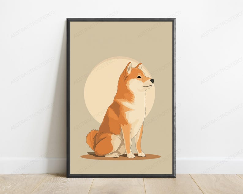 May include: A framed wall art print featuring a stylized illustration of a Shiba Inu dog with orange and cream fur, sitting in profile against a large, pale circular background on a solid tan-colored field within a thin black frame.