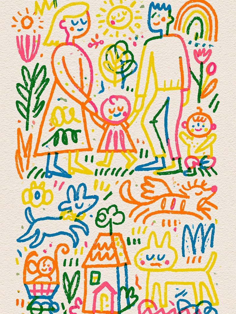 May include: A colorful line art illustration featuring a family of four, including two adults and two children, surrounded by a sun, rainbow, flowers, a house, and two dogs. The drawing uses vibrant neon-style outlines in orange, blue, pink, and yellow.