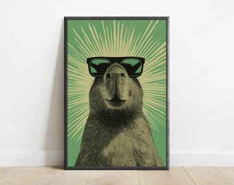 Cool Capybara Sunglasses Print | Retro Pop Art Wall Decor | Minimalist Animal Illustration