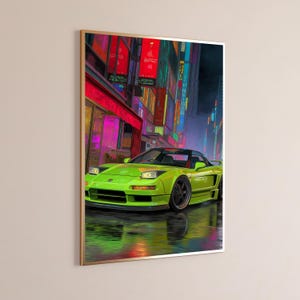 Puede incluir: Una impresi&oacute;n de arte mural enmarcada que muestra un coche deportivo de color verde lima brillante aparcado en una calle mojada por la noche. El fondo muestra una vibrante calle urbana con edificios altos iluminados por luces de ne&oacute;n.