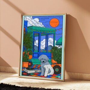 May include: A framed art print featuring a gray and white dog sitting on a colorful tiled floor. The scene includes a DJ turntable, vinyl records, potted plants, a blue structure with string lights, and a large orange sun in a blue sky.